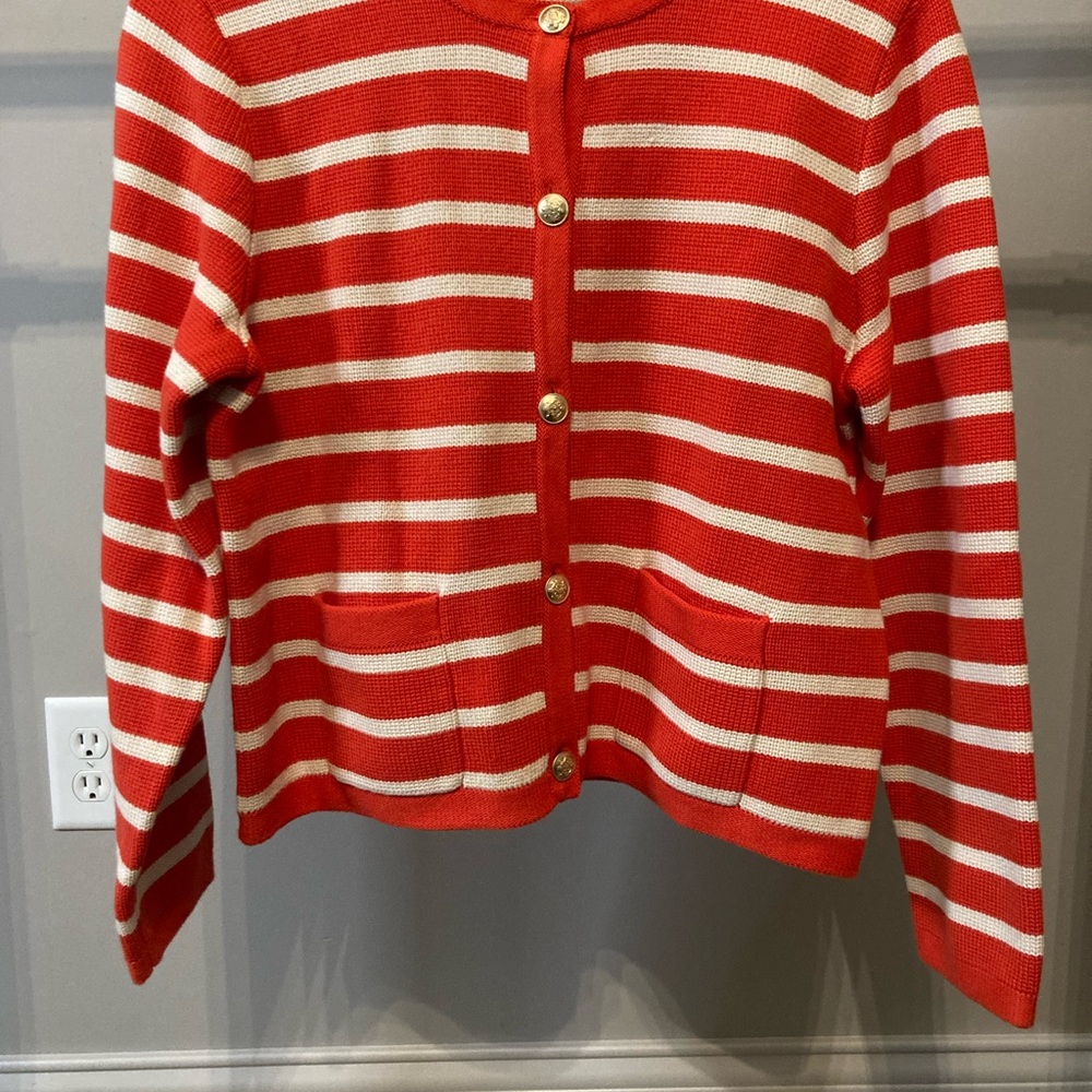 J Crew Classic Red and Tan Striped Women's Cardigan